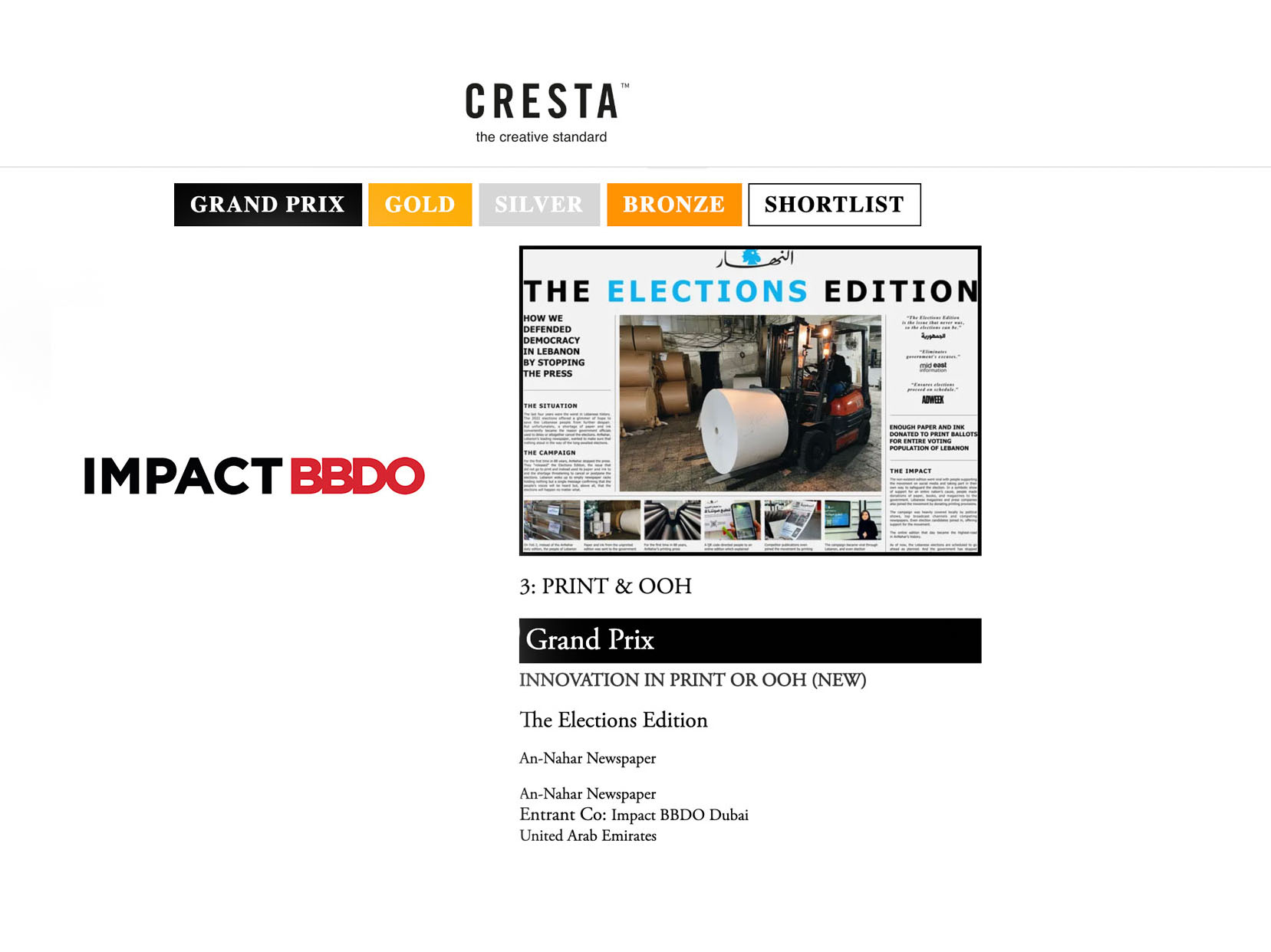 Unprecedented performance for the Middle East at Cresta Awards 2022 with Grand Prix earned by Impact BBDO  Image