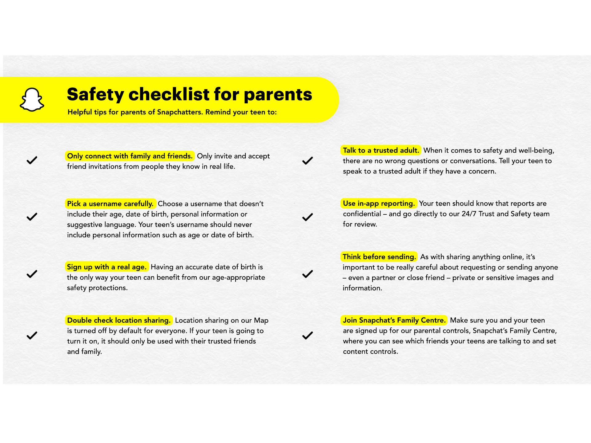 Snap Safety Checklist for Parents  Snap Safety Checklist for Parents