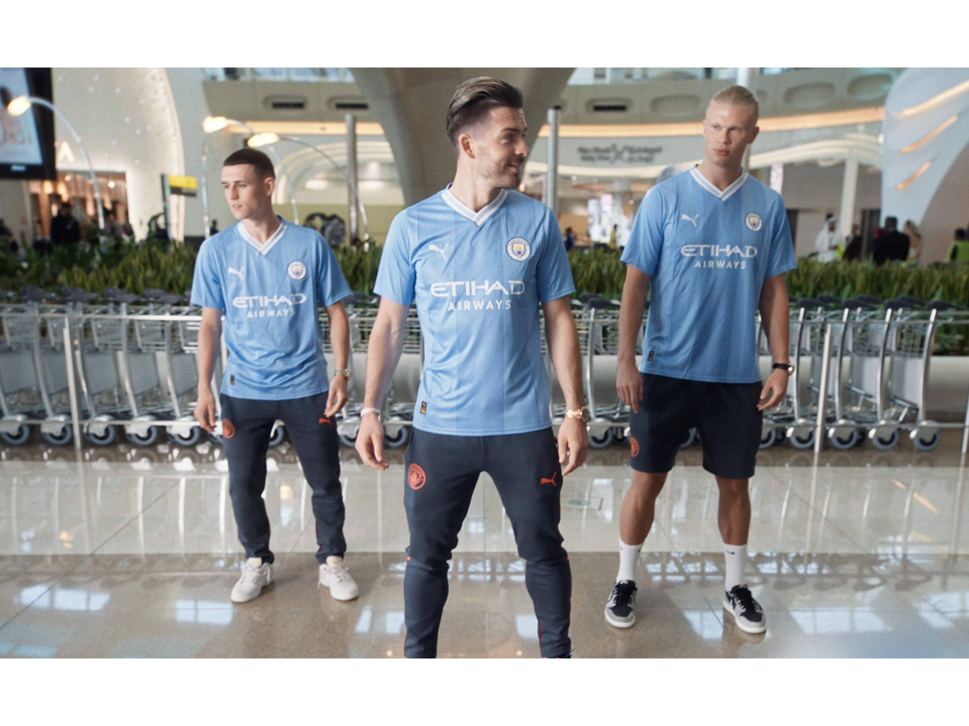 Man City players turn Etihad’s new terminal into a football pitch